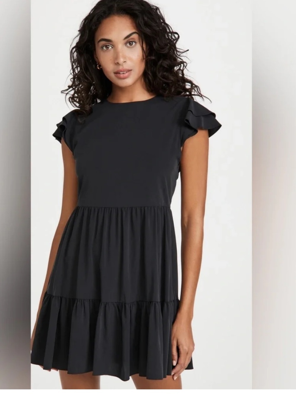 Alice + Olivia Demi Flutter Sleeve Tiered Babydoll Mini Dress Black Sz 2